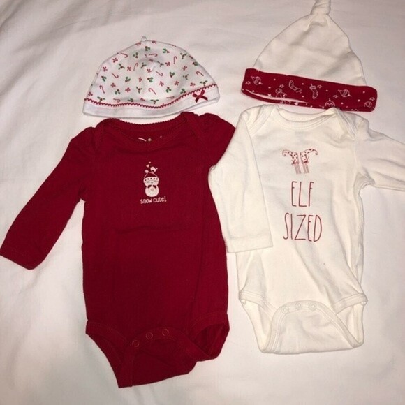 Rae Dunn and Other Christmas Baby One Piece Hat Holiday Bundle 3-6mths - Picture 1 of 5